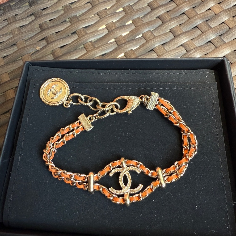 CHANEL Metal Lambskin CC Chain Link Bracelet Orange